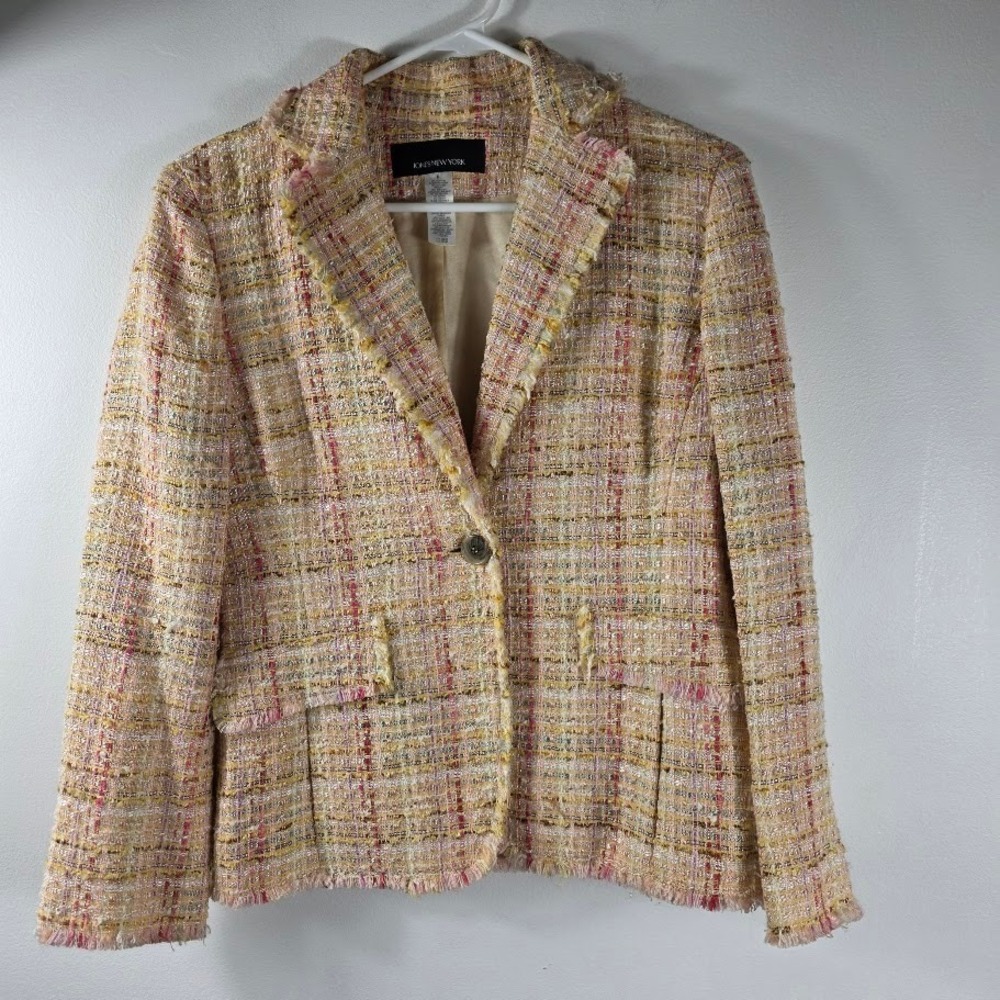 JONES NEW YORK‎ Women's Tweed Blazer Jacket Size 6 Multi Color Frayed Collar
